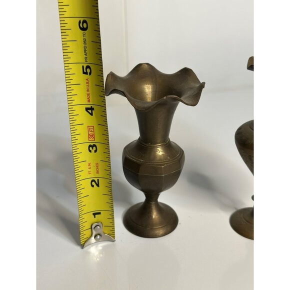 VTG Brass Vases – Footed Pedestal, Ruffled Rim, Etched Floral & Scroll Set of 2 - Picture 7 of 8